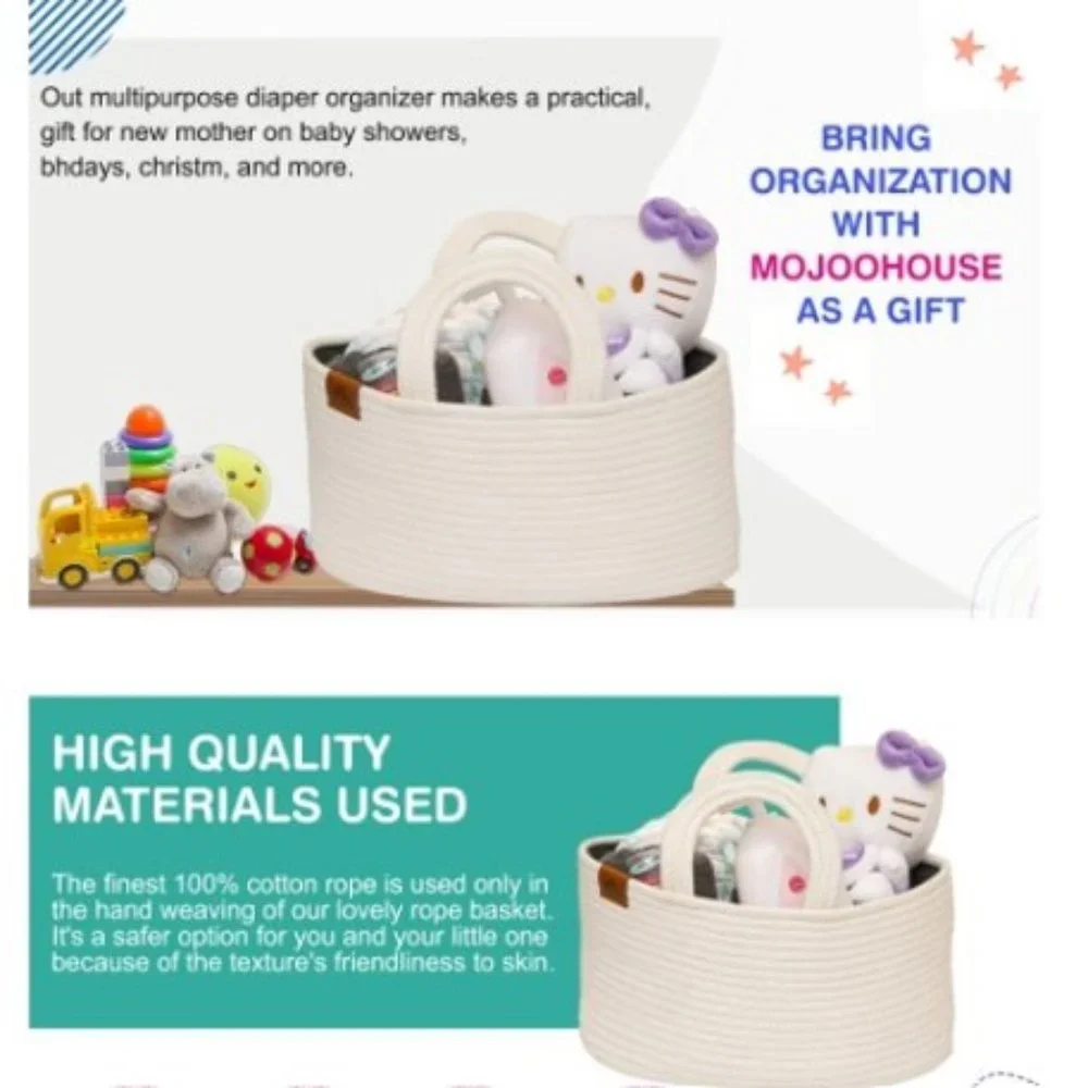 Cotton Rope Diaper Basket Caddy - Baby Diaper Bag - Nursery/ Car Organizer